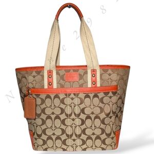 Vintage Coach Signature C Canvas Tote Khaki Brown Orange Leather Shoulder Bag